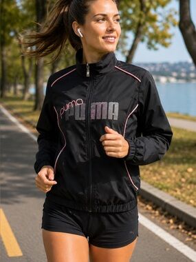 PUMA Black Pink Full Zip Track Jacket Athletic Running Windbreaker Medium